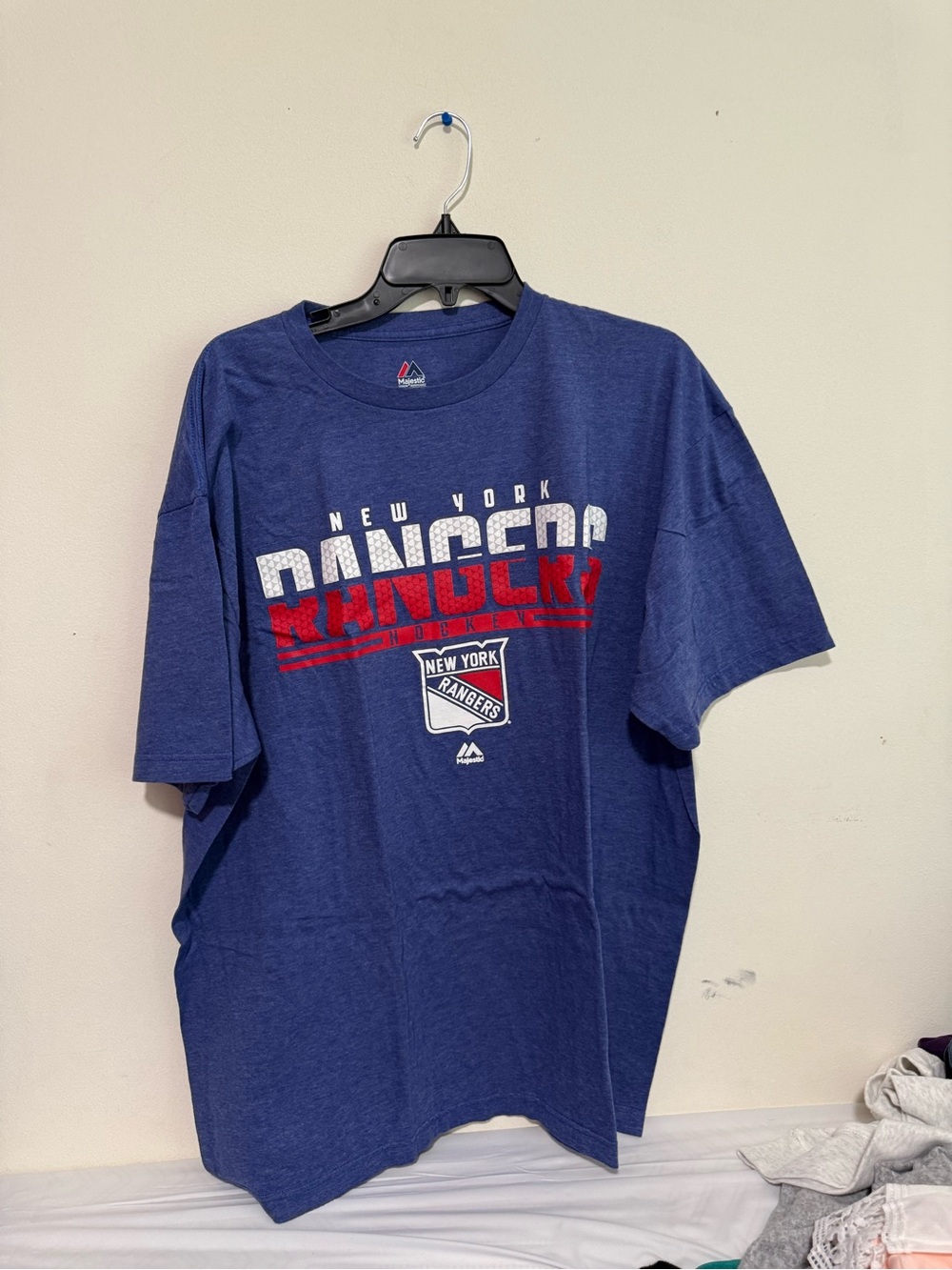 Majestic New York Rangers Navy Blue T‑Shirt with Red and White Graphics